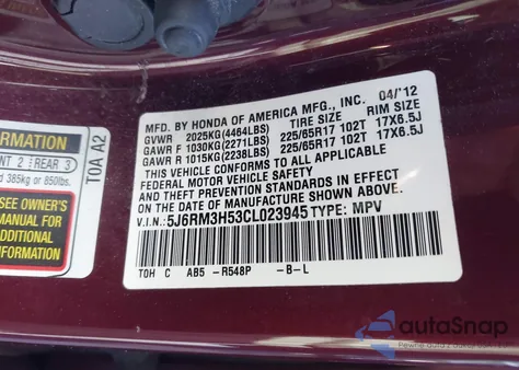 2012 Honda Cr-V Ex from USA, damaged, VIN 5J6RM3H53CL023945